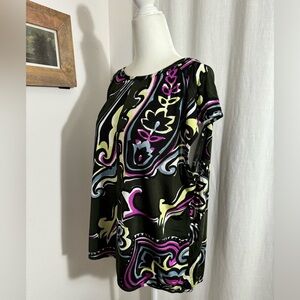 VINTAGE BALENCIAGA size 40/ L black rayon back drape cowl TEE bold graphic